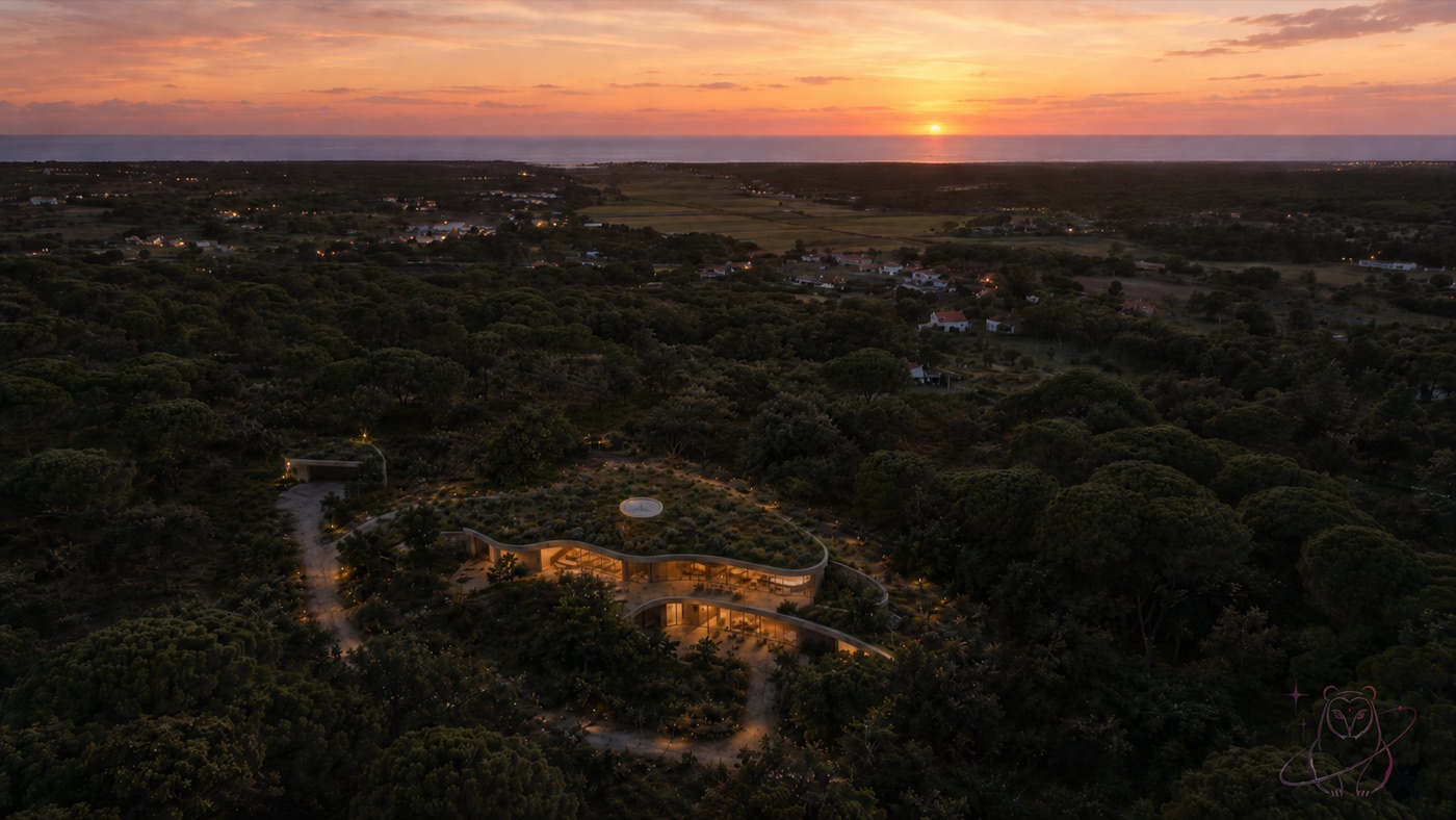 Aerial render of a design proposal for Monte Alto do Zambujal at sunset, the house set into the Alentejo hillside near the sea.