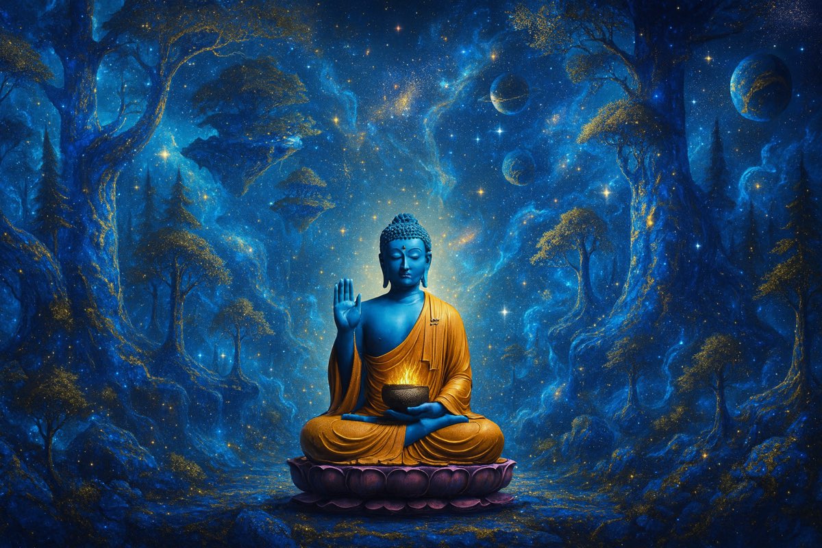 A cosmic visual interpretation: a meditating Buddha figure amid a starlit forest and distant planets.